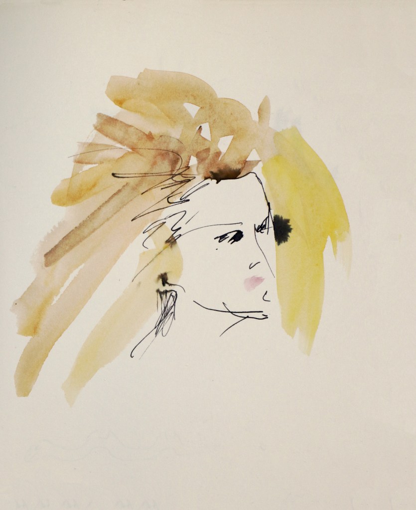 A color studies portrait featuring color and ink drawing with brown, orange, and yellow, black water color